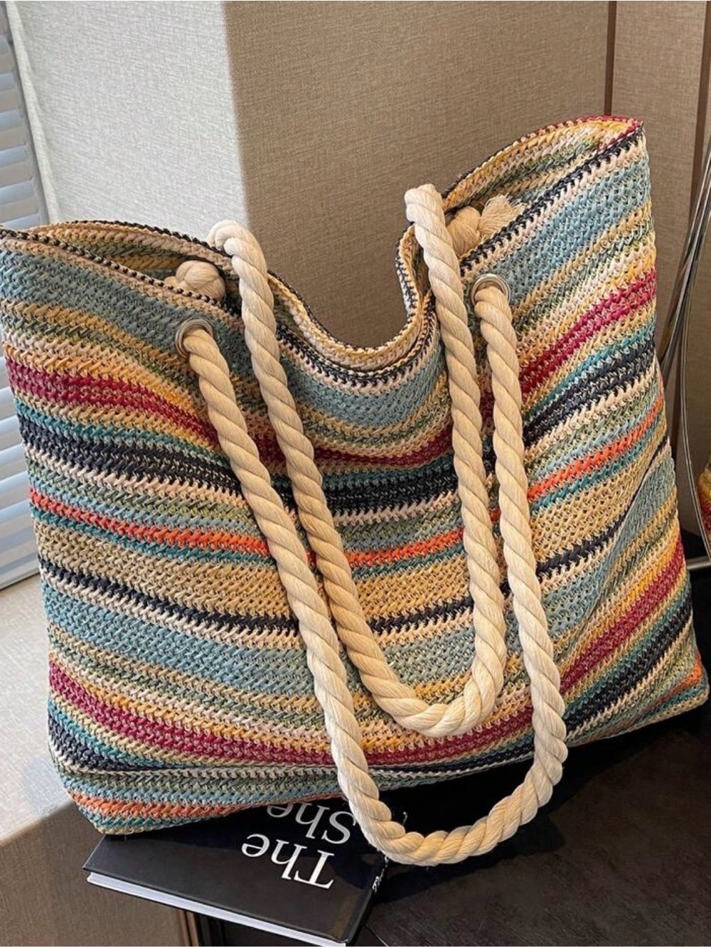 NEW Striped Beach Tote Bag with Rope Handles - Multicolor